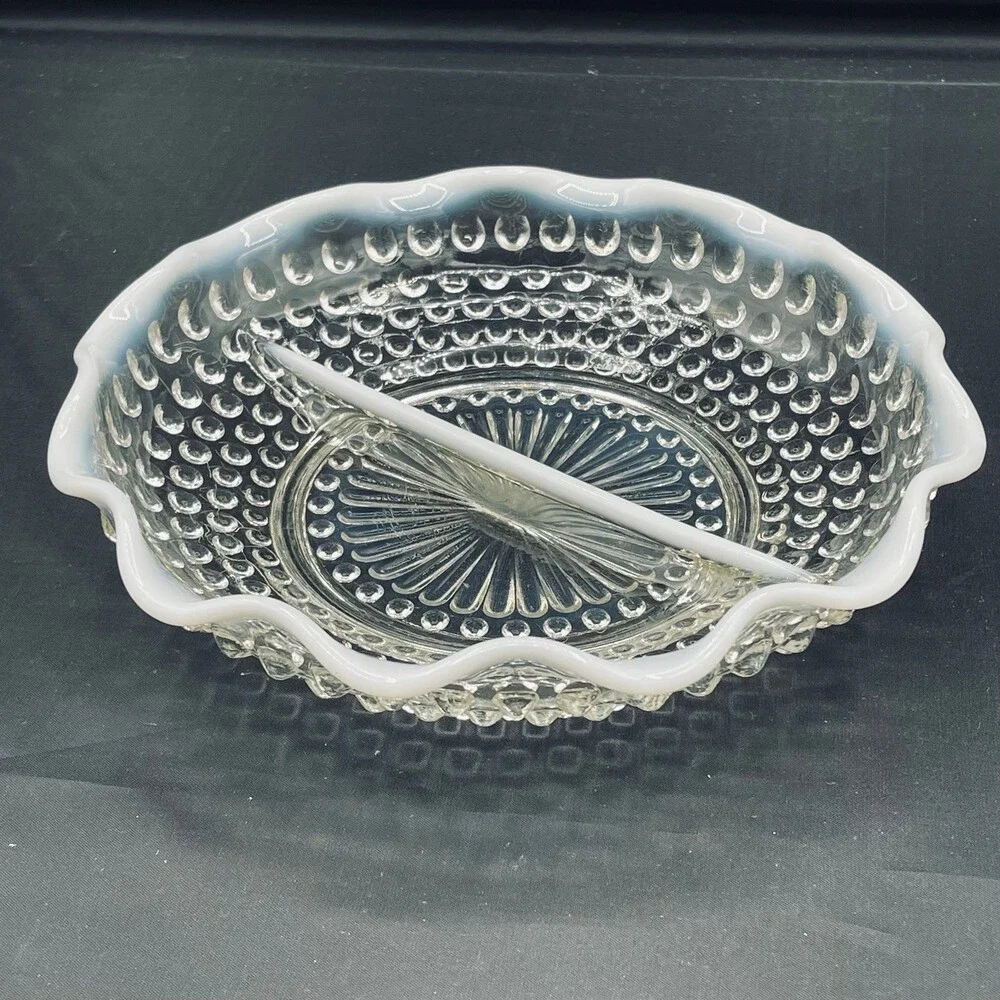 Vintage 2 Section Hobnail Opalescent Moonstone Ruffle Dish Fenton Anchor Hocking